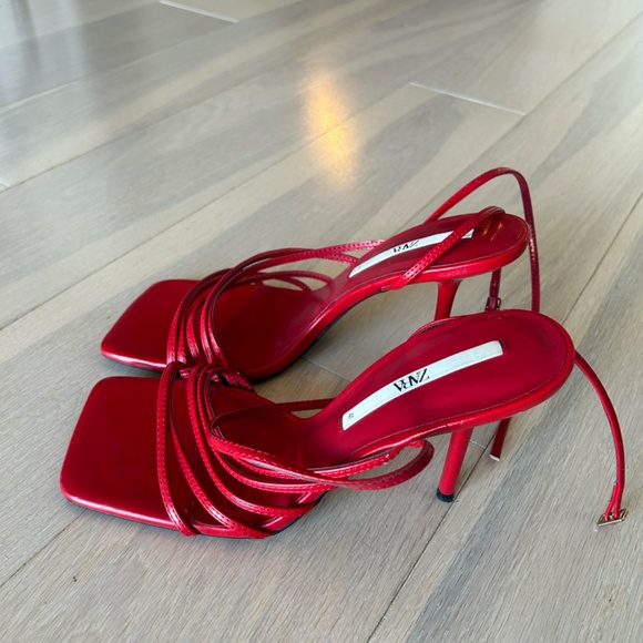 Zara Red Leather Strappy Heels - Size 41 - Picture 2 of 4
